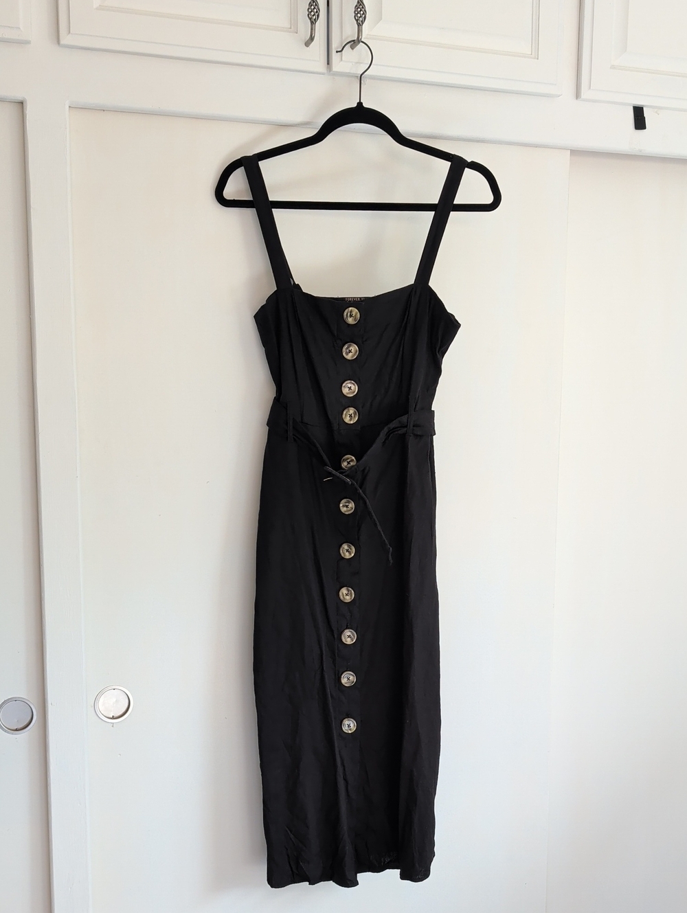 Vintage Forever 21 Linen Black Button-Front Midi Dress with Tie Waist